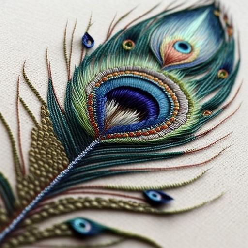 A peacock feather tattoo with colorful embroidery stitching for the feather details, including satin stitch for the eye spots and long and short stitch for the barbs. ::