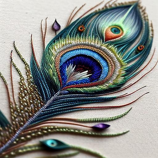 A peacock feather tattoo with colorful embroidery stitching for the feather details, including satin stitch for the eye spots and long and short stitch for the barbs. ::