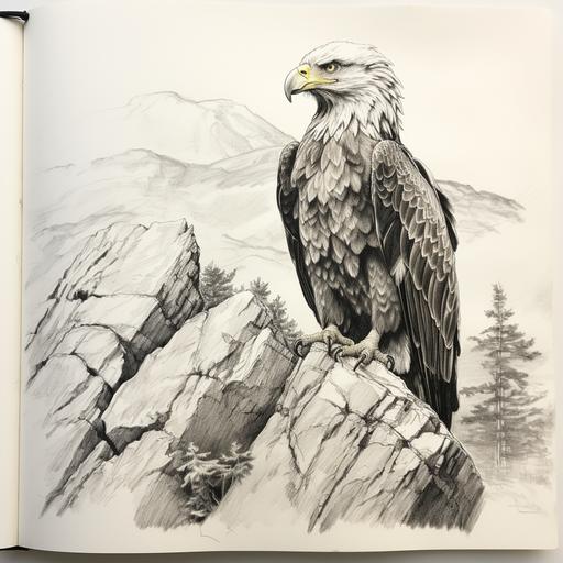 A pen sketch of an eagle sitting on a rock