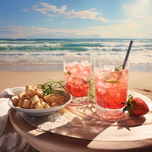 A perfect, hyper realistic photo of a beach, two glasses of strawberry caipirinhas, a plate of savory snacks next to it