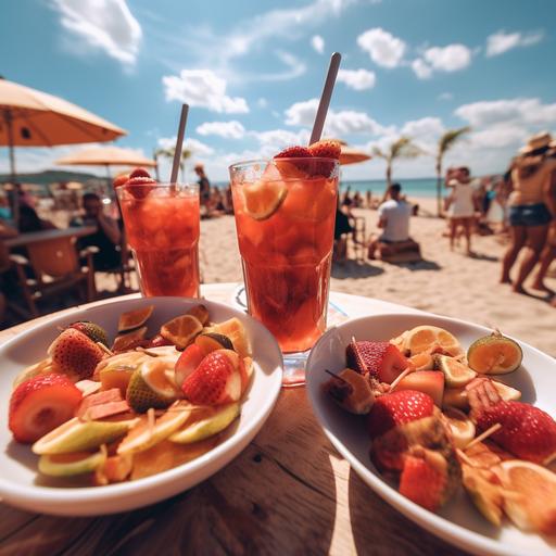 A perfect, hyper realistic photo of a crowded beach, umbrellas, two glasses of strawberry caipirinhas, a plate of salty snacks next to it