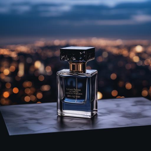 A perfume in a navy blue bottle, at midnight, on a black marble with a view of the city.