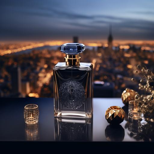A perfume in a navy blue bottle, at midnight, on a black marble with a view of the city.