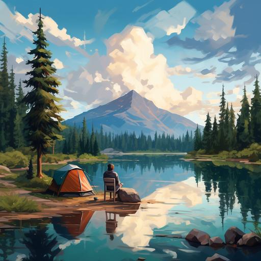 A person camping on the right side of the lake has a tent next to him and is sitting on a chair. There are small pine trees around. The sky is cloudy and the blue lake looks good