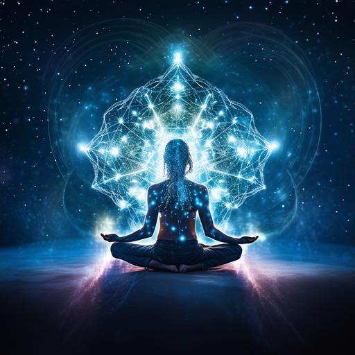 A person meditating in x-ray vision, with energy flowing through them highlighting their chakras. The person is sitting in a lotus position on a cushion, with their hands resting on their knees. The background is a dark blue sky, with stars twinkling in the distance. The energy flowing through the person is a bright white light, and it is swirling around their body in a vortex. The chakras are highlighted in different colors, and they are glowing with energy. The overall feeling of the image is one of peace and tranquility. Here are some additional details that you can include in the text prompt to make the image even more specific: The type of meditation that the person is doing, such as yoga, tai chi, or mindfulness. The colors of the chakras, such as red, orange, yellow, green, blue, indigo, and violet. The symbols that represent the chakras, such as lotus flowers, flames, or wheels. Any other elements that you would like to include in the image, such as trees, mountains, or water.