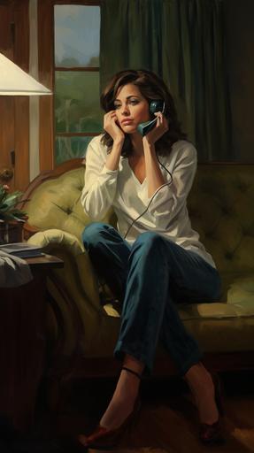 A person talking on the phone. In the quiet ambiance of a home, the voice of the other person is clear, --ar 9:16