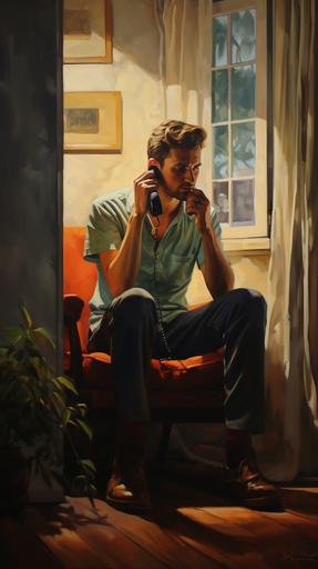 A person talking on the phone. In the quiet ambiance of a home, the voice of the other person is clear, --ar 9:16