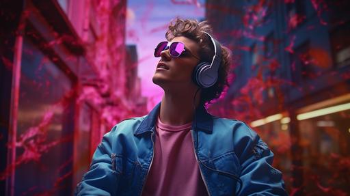 A person who travels into the 80’s, with a lot of vaporwave fonts and texts around the city, listening music through a walkman gadget. An enthusiastic about 80’s music and gets back to a city with a synth pop environment, with a lot of neon lights. 4k ultrarealistic, --ar 16:9