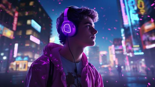 A person who travels into the 80’s, with a lot of vaporwave fonts and texts around the city, listening music through a walkman gadget. An enthusiastic about 80’s music and gets back to a city with a synth pop environment, with a lot of neon lights. 4k ultrarealistic, --ar 16:9