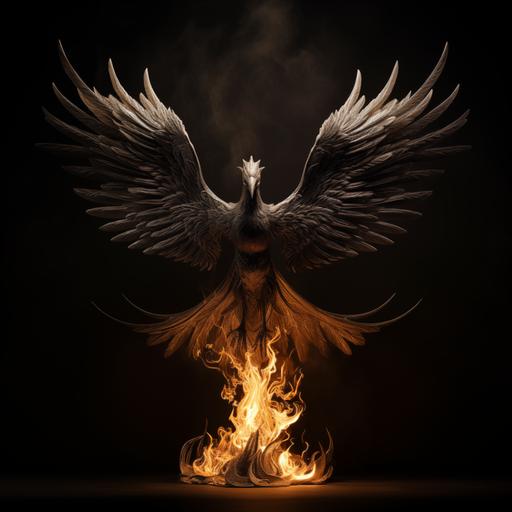 A phoenix, intricately formed from the rising smoke of a burning candle. The phoenix is made entirely out of smoke, is in a dynamic pose with fully spread wings, elegantly emerging from the smoke of the candle.