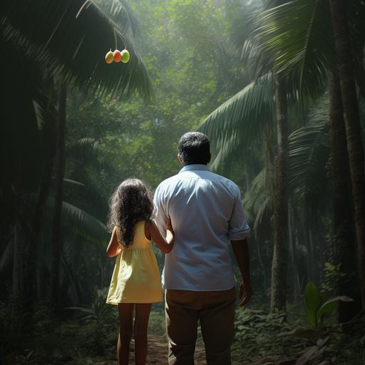 A phot realistic image of a 40 year old man 5 feet 5 inches tall wearing a light blue polo neck shirt and white linen pants with his three year old daughter on his shoulder plucking a star fruit wearing a white Tshirt and pink shorts in a forest like environment in Kerala with a small cottage in the background both of them are facing away from the camera