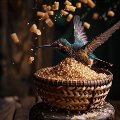 A photo for Instagram with brown sugar and a colibri bird pecking at the brown sugar in a small basket.