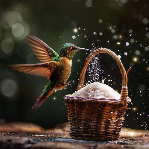 A photo for Instagram with cane sugar and a colibri bird pecking at the sugar in a small basket.