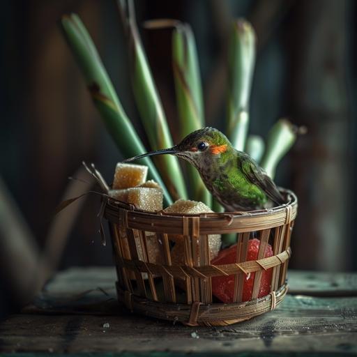 A photo for Instagram with cane sugar and a colibri bird pecking at the sugar cane in a small basket.