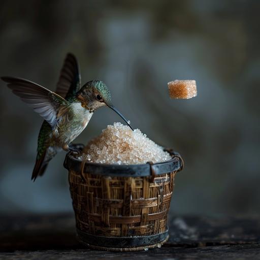A photo for Instagram with cane sugar and a hummingbird bird pecking at the sugar in a small basket