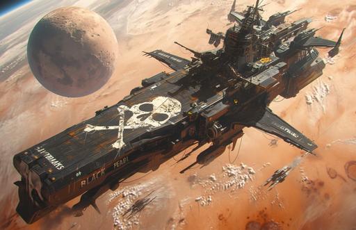 A photo of a Space Pirate-Ship with a large skull and cross-bones logo on the side of it. Written along the side in a dirty white graffiti style font is 