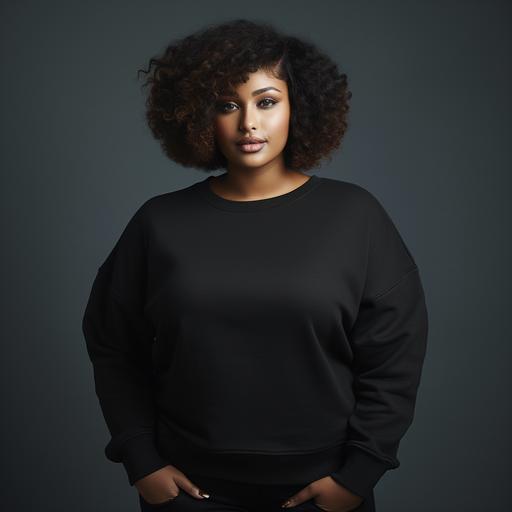 A photo of a black plus size woman wearing a plain black gildan crewneck sweater, plain black sweater, theme: plain background --s 50