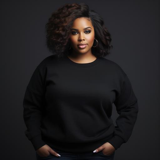A photo of a black plus size woman wearing a plain black gildan crewneck sweater, plain black sweater, theme: plain background --s 50
