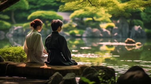 A photo of a female Japanese Zen master and a male traveler, sitting quietly near a tranquil pond in a serene Japanese garden. Both wear traditional japonese attire. The pond is surrounded by lush greenery, blooming lotus flowers, and gracefully arched bridges. Gentle ripples on the water's surface reflecting the surrounding nature and the peaceful expressions on their faces. Taken on: a calm day in a picturesque Japanese garden, with reflective water and vibrant greenery, glibatree prompt, hd quality, natural look --ar 16:9