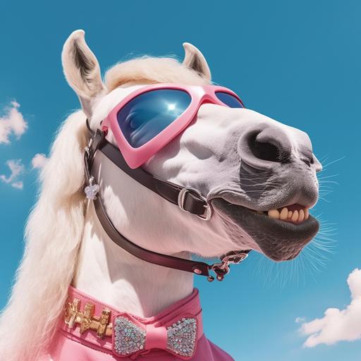 A photo of a horse that is grinning and has sunglasses on. The horse should be white and the reins red. In the background there is a pink hospital and blue sky.