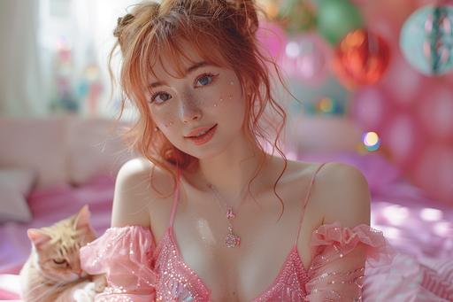 A photo of a pretty red-haired 22-year-old Dutch woman in a pink outfit, with her pet cat, smiling while sitting on a mattress in a *Giant Crystal Cave* with a bright and colorful bedroom background. A Portra 400 takes on soft, natural skin tones. Flawlessly human --ar 3:2 --s 950