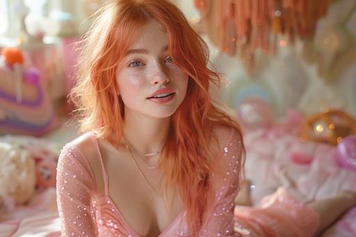 A photo of a pretty red-haired 22-year-old Dutch woman in a pink outfit, with her pet cat, smiling while sitting on a mattress in a *Giant Crystal Cave* with a bright and colorful bedroom background. A Portra 400 takes on soft, natural skin tones. Flawlessly human --ar 3:2 --s 750