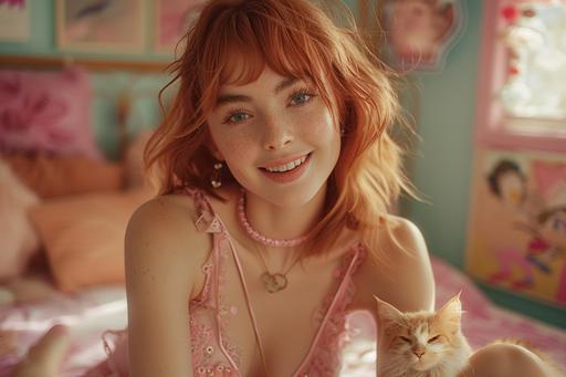 A photo of a pretty red-haired 22-year-old Dutch woman in a pink outfit, with her pet cat, smiling while sitting on a mattress in a *Giant Crystal Cave* with a bright and colorful bedroom background. A Portra 400 takes on soft, natural skin tones. Flawlessly human --ar 3:2 --s 500