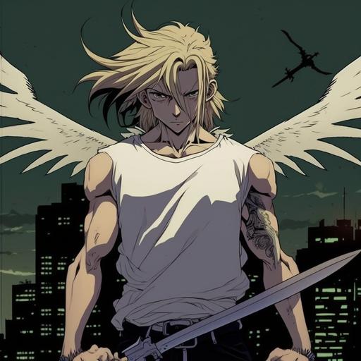 A photo of a skinny angry teenage boy with long blonde emo hair with bright glowing solid white eyes with no pupils, white angel wings, and a katana in his right hand. He is wearing a loose white tank top and floating slightly above the ground with a night city skyline behind him. In the style of the anime Demon Slayer.