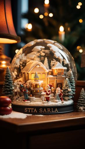 A photo of a snowglobe on a coffee table in a cozy living room, the base of the snowglobe is black, and inside the glass globe is a toy zombie wearing a Santa hat climbing out of a grave with a tombstone that reads 