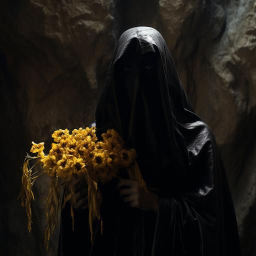 A photo of a tall elegant woman in a black silk cape. A black silk mask hangs over his face leaving only his bright yellow eyes visible. He holds a gloomy and devilish flower in both hands. The background is a dark underground cavern. Dramatic lighting.