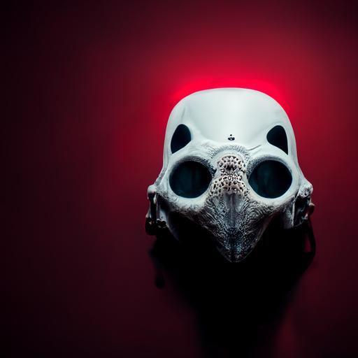 A photo of a white mask with floating hippo skulls around it, creeppy style, red background, dark iluminación, 4K