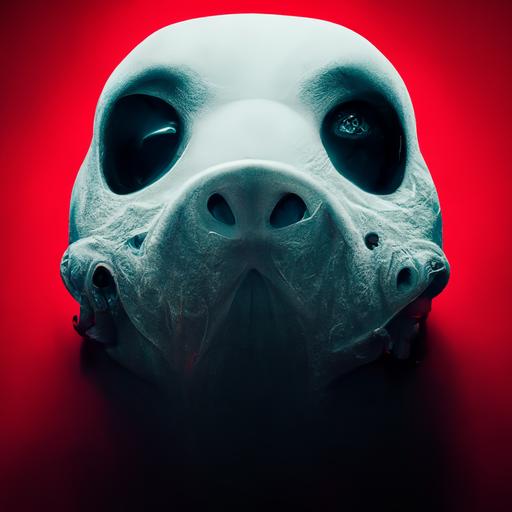 A photo of a white mask with floating hippo skulls around it, creeppy style, red background, dark iluminación, 4K