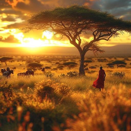 A photo of an African savannah at sunset, digital art and tilt-shift photography blend, isometric view. Vivid colors, silhouettes of exotic animals, locals in traditional attire. Created Using: Landscape photography, digital art style, tilt-shift effect, isometric angle, warm sunset hues, X prompt, hd quality, vivid style --ar 1:1 --v 6.0 --s 250 --style raw