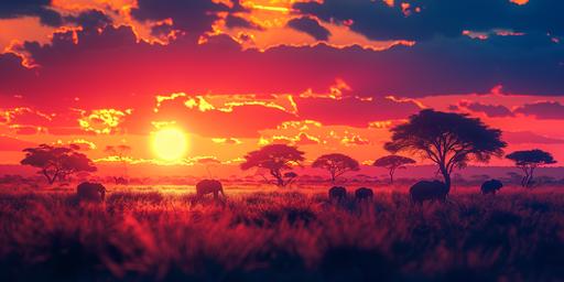 A photo of an African savannah at sunset, digital art and multiple exposure photography blend, isometric view. Vivid colors, silhouettes of exotic animals, locals in traditional attire. Created Using: Landscape photography, digital art style, tilt-shift effect, isometric angle, warm sunset hues, X prompt, hd quality, vivid style --ar 2:1 --v 6.0 --s 250 --style raw