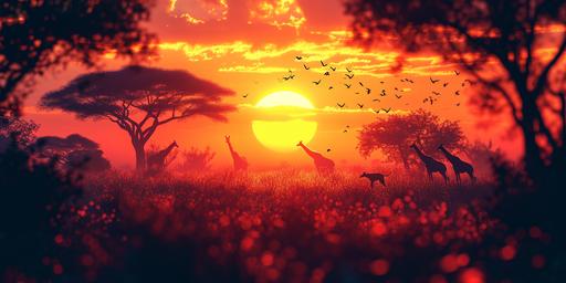 A photo of an African savannah at sunset, digital art and multiple exposure photography blend, isometric view. Vivid colors, silhouettes of exotic animals, locals in traditional attire. Created Using: Landscape photography, digital art style, tilt-shift effect, isometric angle, warm sunset hues, X prompt, hd quality, vivid style --ar 2:1 --v 6.0 --s 250 --style raw