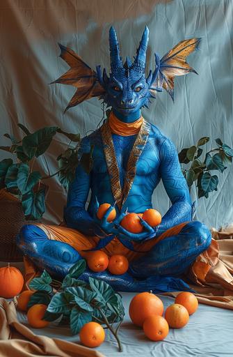 A photo of an orange and blue costume inspired in the style of the character The blue dragon from Marvel Comics, sitting crosslegged on the floor with some tangerines in his lap, in the style of David LaChapelle. --ar 21:32