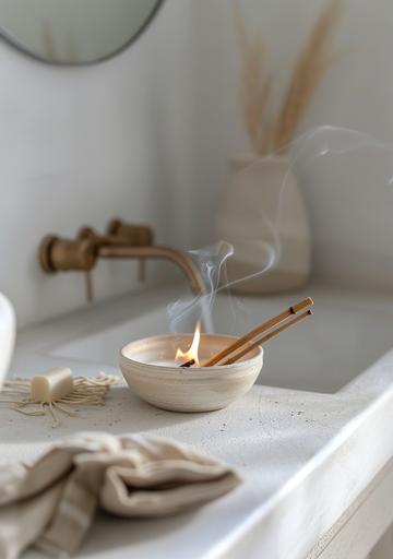 A photo of burning palo sartre sticks in an elegant ceramic bowl on top of the sink, natural light, neutral colors, white background, aesthetic, instagram post style --ar 7:10