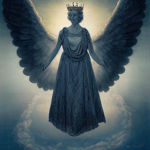 A photo of the queen of England with angel wings going to heaven. --test --creative --upbeta