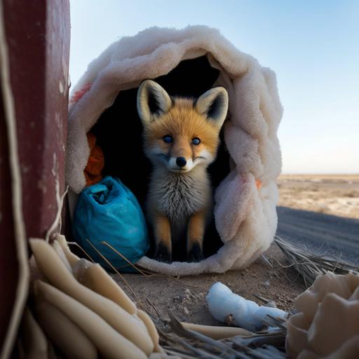 A photo of wildlife, a live red fox living in an abandoned landfill area, she has a nest of torn but bright children's clothes there, and in the nest there are two toy fox cubs - plastic and soft stuffed, the fox sensitively guards them as if they were alive, superimposed, photorealistic, ultra-wide-angle lens, UHD, 16k, bright and shiny kawaii, depth of field, modern photography, super sharp focus, color correction, 35mm, gamma, assembly, complementary colors, global illumination, reflections, art photography, creative, expressiveness, uniqueness, high quality, Canon EOS 5D Mark DSLR IV, f/5.6, shutter speed 1/125 s, ISO 100, Adobe Photoshop award, experimental technique, unusual angles, attention to detail --s 250