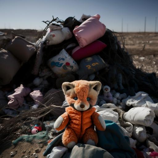 A photo of wildlife, a live red fox living in an abandoned landfill area, she has a nest of torn but bright children's clothes there, and in the nest there are two toy fox cubs - plastic and soft stuffed, the fox sensitively guards them as if they were alive, superimposed, photorealistic, ultra-wide-angle lens, UHD, 16k, bright and shiny kawaii, depth of field, modern photography, super sharp focus, color correction, 35mm, gamma, assembly, complementary colors, global illumination, reflections, art photography, creative, expressiveness, uniqueness, high quality, Canon EOS 5D Mark DSLR IV, f/5.6, shutter speed 1/125 s, ISO 100, Adobe Photoshop award, experimental technique, unusual angles, attention to detail --s 250