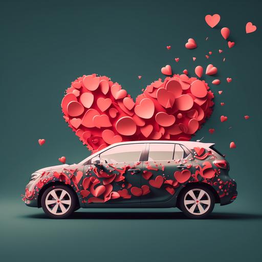 A photo or illustration showing a car decorated with red hearts and flowers, #213BA7 background color