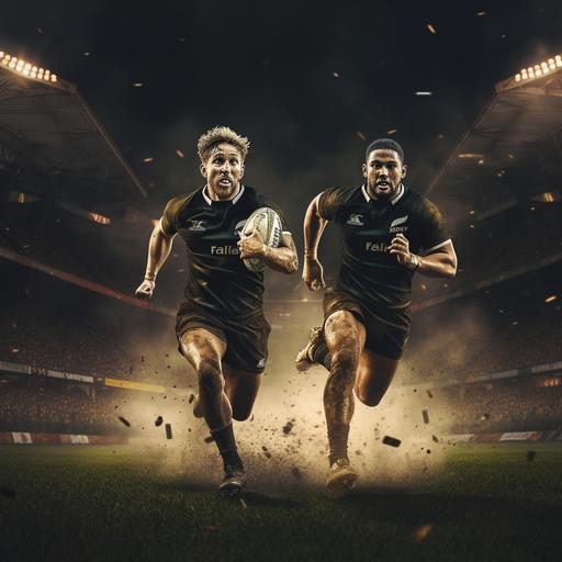 A photo-realistic image of two rugby players running towards a gold trophy on a stand in the middle of the field. One player is wearing an all black jersey, while the other wears a green jersey.