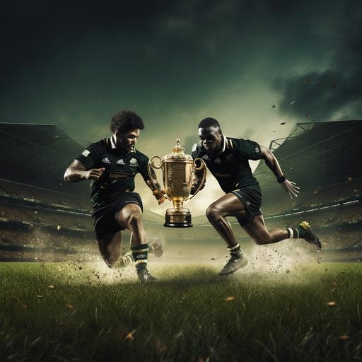 A photo-realistic image of two rugby players running towards a gold trophy on a stand in the middle of the field. One player is wearing an all black jersey, while the other wears a green jersey.