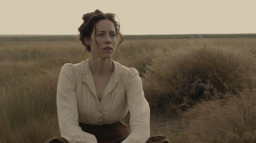 A photo-realistic medium screenshot, in the style of a Robert Eggers film, of Rebecca Hall dressed in a drab white Victorian blouse and brown skirt, she is sitting in an open field, looking off-camera, her expression is heavy and wrinkled, --ar 16:9 --v 5