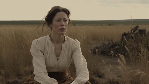 A photo-realistic medium screenshot, in the style of a Robert Eggers film, of Rebecca Hall dressed in a drab white Victorian blouse and brown skirt, she is sitting in an open field, looking off-camera, her expression is heavy and wrinkled, --ar 16:9 --v 5