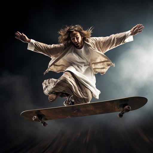 A photograph of Jesus Christ jumping in a skateboard with his arms extended forming a cross in the air.