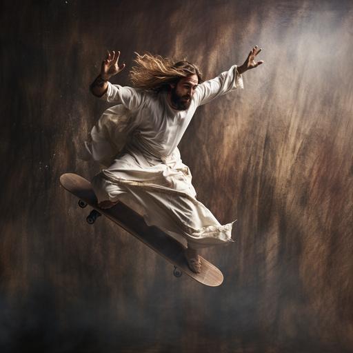 A photograph of Jesus Christ jumping in a skateboard with his arms extended forming a cross in the air.
