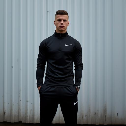 A photograph of a 24 year old white male with a neatly gelled comb over skin fade wearing a snug fit, Nike quarter zip dri fit strike tracksuit and Nike Air Max 95 trainers standing against a plain wall