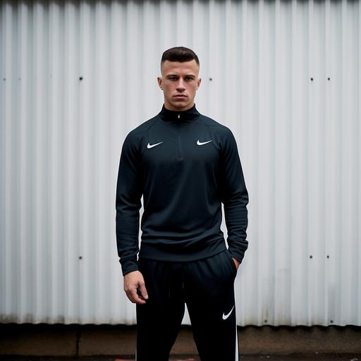 A photograph of a 24 year old white male with a neatly gelled comb over skin fade wearing a snug fit, Nike quarter zip dri fit strike tracksuit and Nike Air Max 95 trainers standing against a plain wall