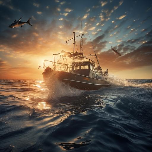 A photograph of a boat in the middle of the ocean, Shark jumping, Sunrise Environment